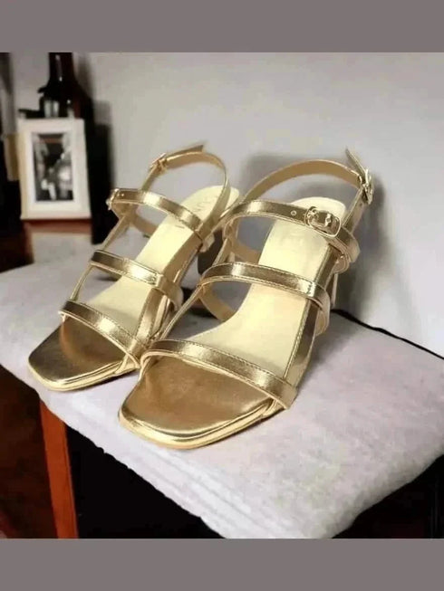 Womens Golden Three Tier Block Heels